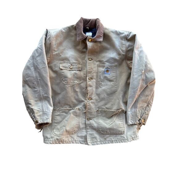 Vintage Carhartt Faded Caramel Blanket Lined Thrashed Riveted L Chore Jacket - Picture 1 of 10